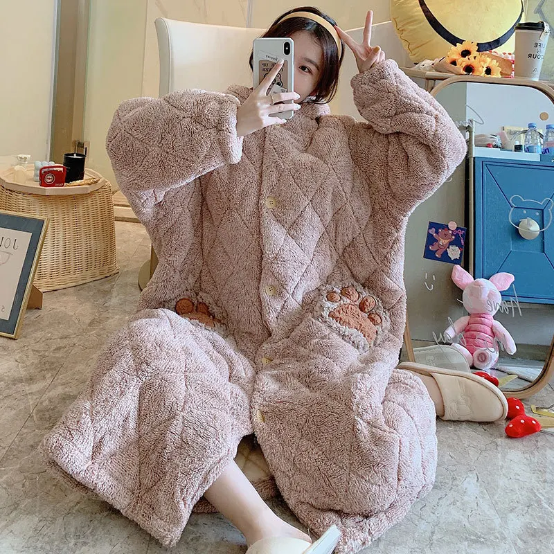 Coral Velvet New Women Cartoon Three-layer Cotton Thick Nightgown Warm Flannel Bathrobe Hooded Sleepwear Robes Home Clothes