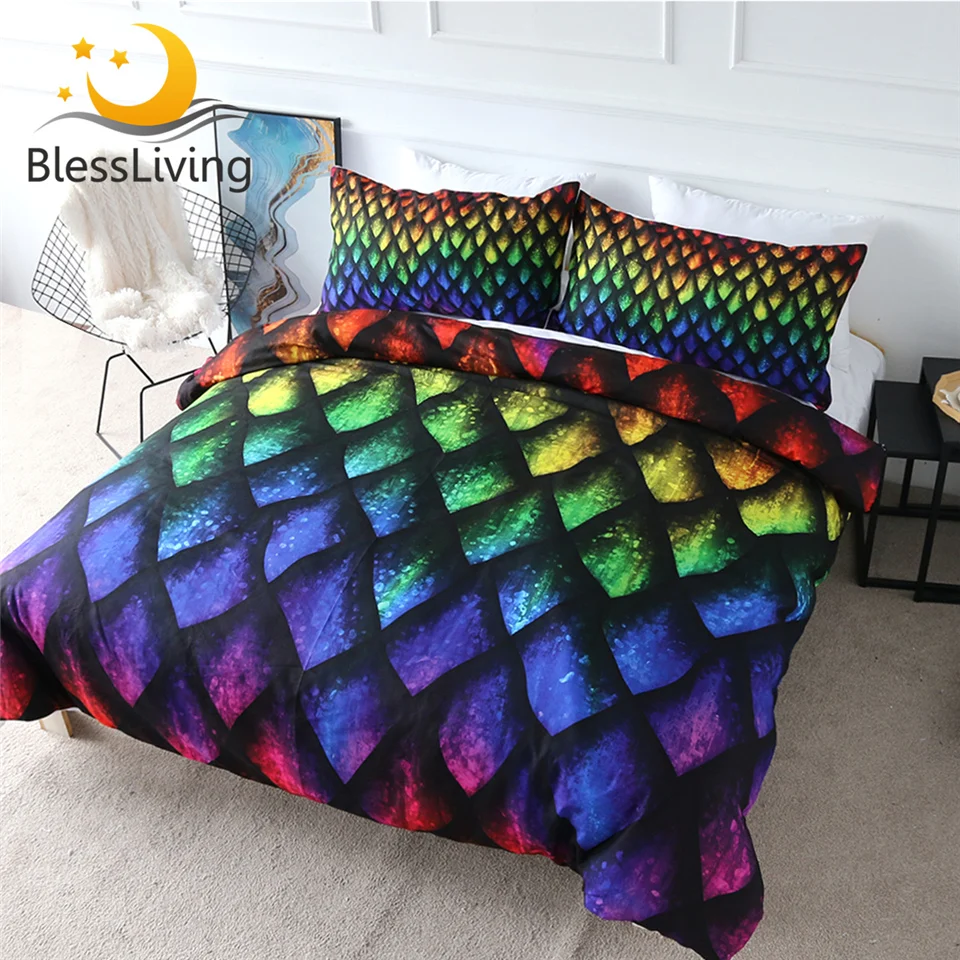 BlessLiving Dragon Scales Quilt Cover Rainbow Bedding Set Luxury Queen Colorful Bedspreads Bed Clothes Juego De Cama 3 Pieces