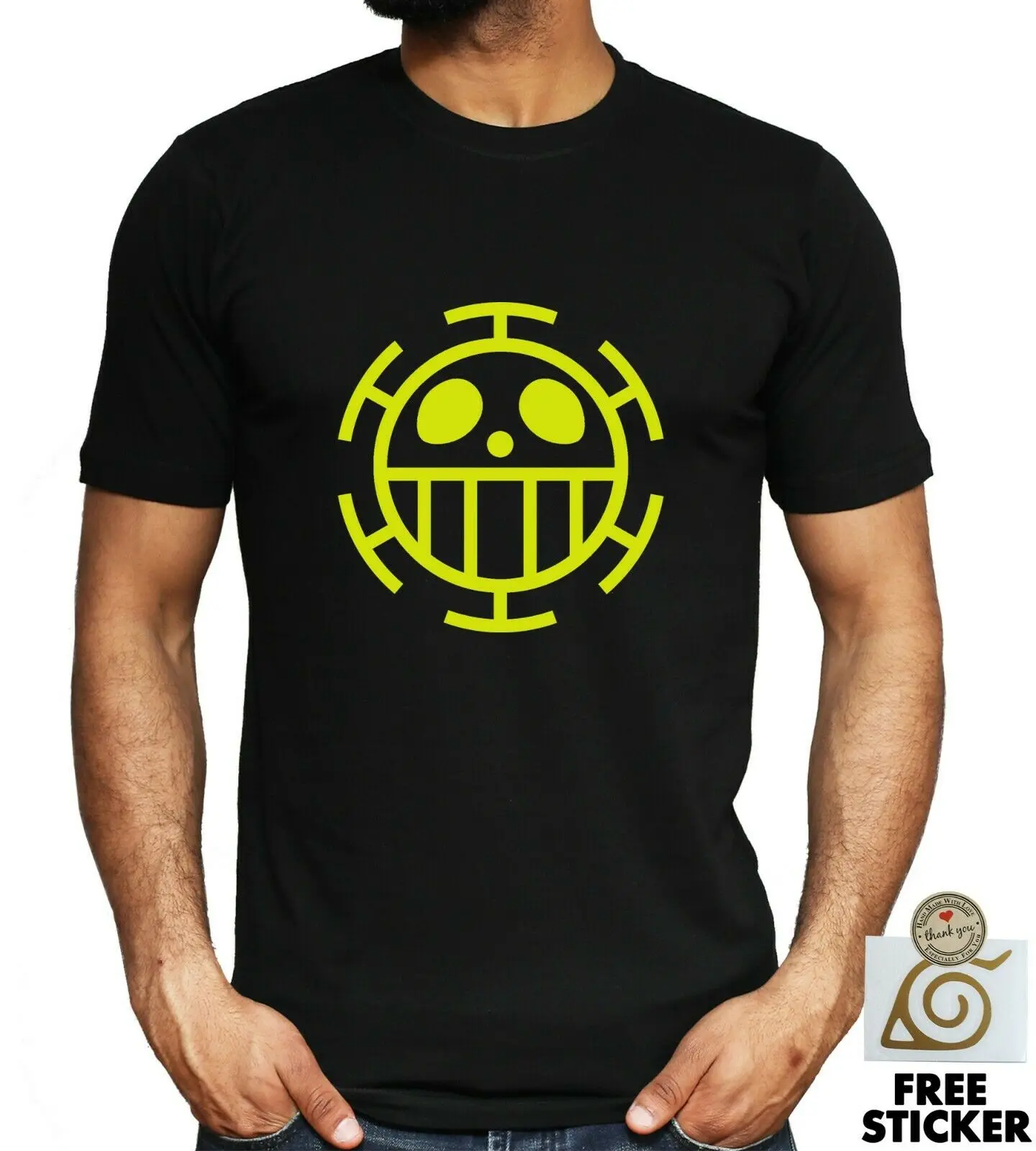 Одна деталь Футболка сердце пиратский логотип флаг Trafalgar Law Новый Черный Аниме