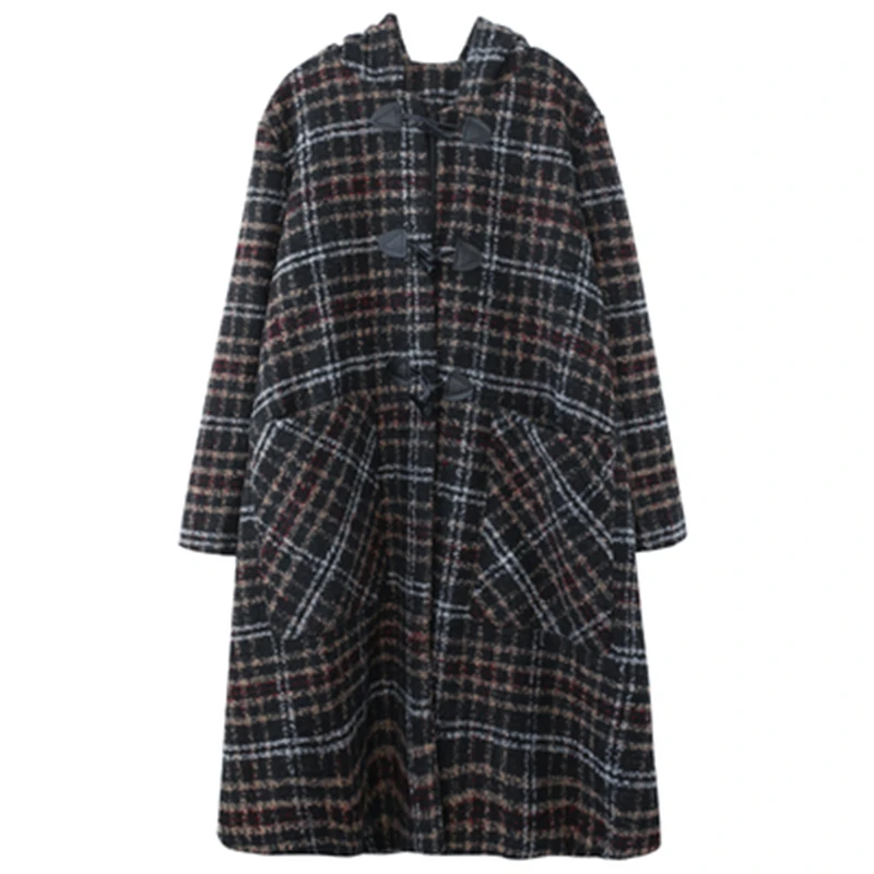 Женское длинное шерстяное пальто толстое Свободное в клетку с капюшоном принтом