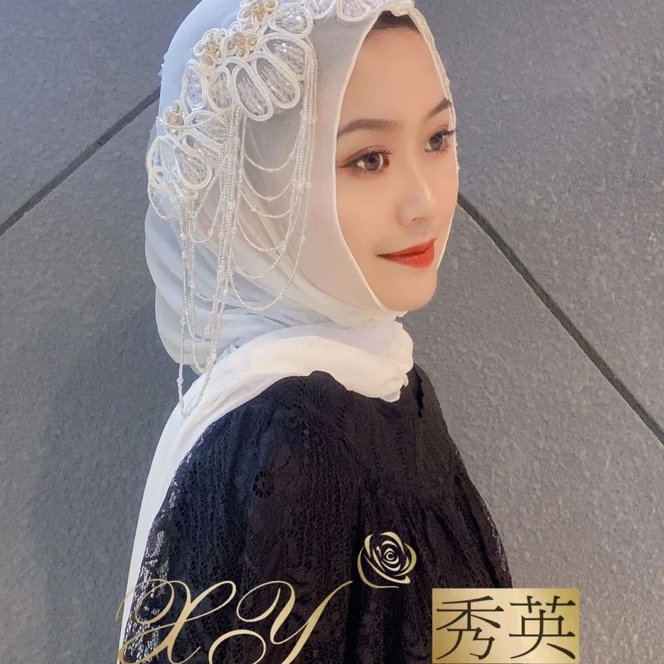 Длинный Шифоновый хиджаб с бисером и кисточками для мусульманских женщин из