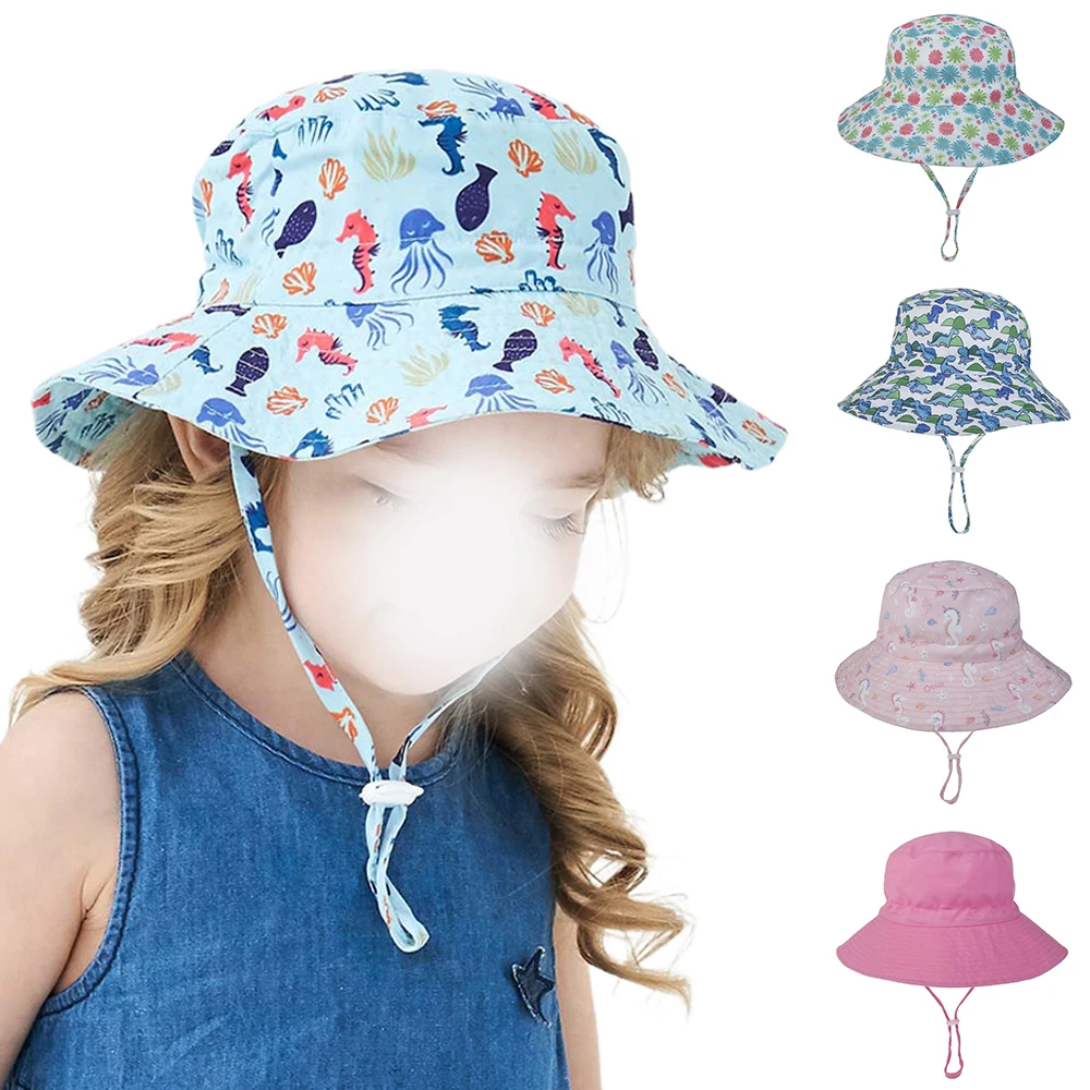 

Summer Girls Hat Breathable Cartoon Print Kids Baby Hat Adjustable Strap Flat top Beach Outdoor Anti-sun Hats