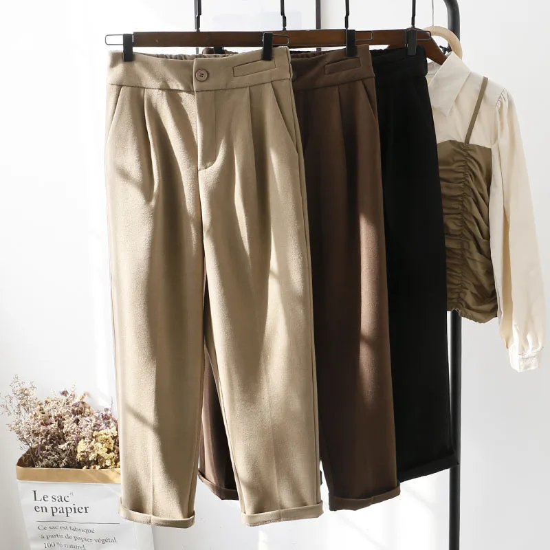 

Women Pants High Waist Korean Fashion Solid Color Ankle Length Trousers Autumn Winter Clothes Ladies Casual Bottoms Black Khaki