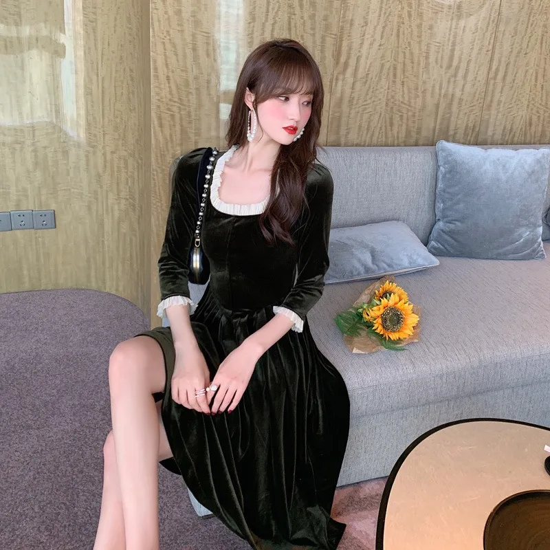 

Fashion Female Square Neck Slim High Waist Elegant Casual Dress Ladies Long Sleeve Maxi Dresses