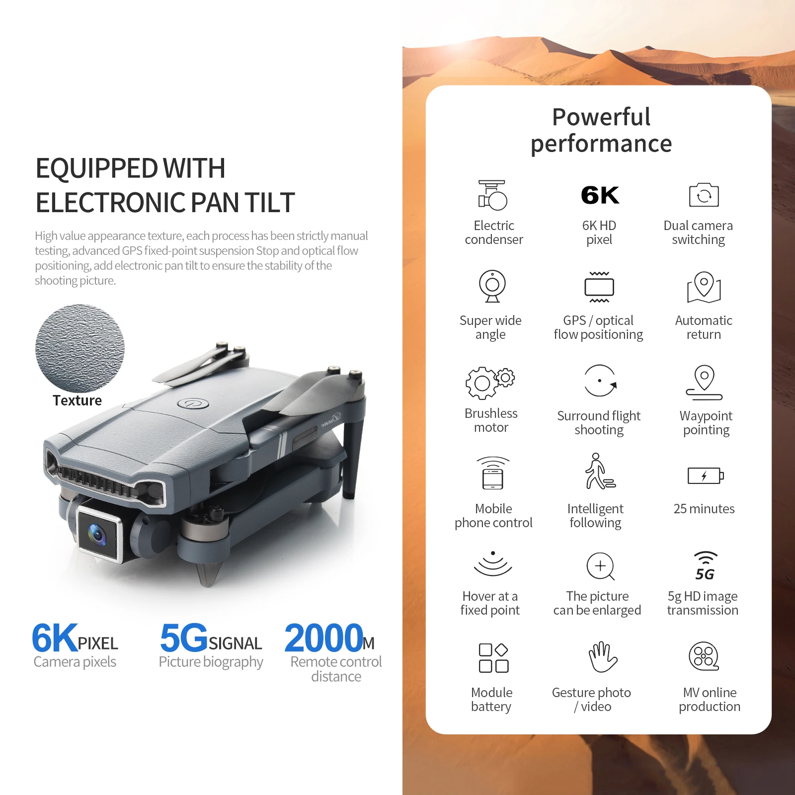 GPS Drone with Professional 4K 6K Camera, Brushless Motor 5G WIFI FPV Foldable RC Quadcopter Dron, Remote Control Helicopter