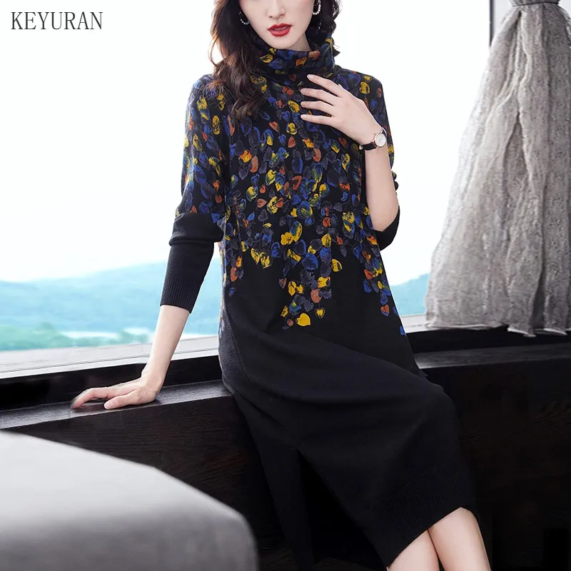 

High Collar Knitted Dress Women's 2022 Autumn Winter New Sweater Dress Elegant Retro Floral Women Long Dress Party Vestidos