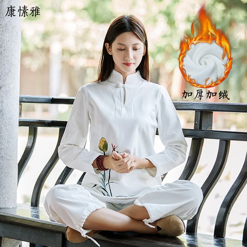 

Winter Thick Fleece Women Tai Chi Martial Arts Kungfu Uniforms Linen Warm Loose Shirt+pant Meditation Jogger Casual Workout Set