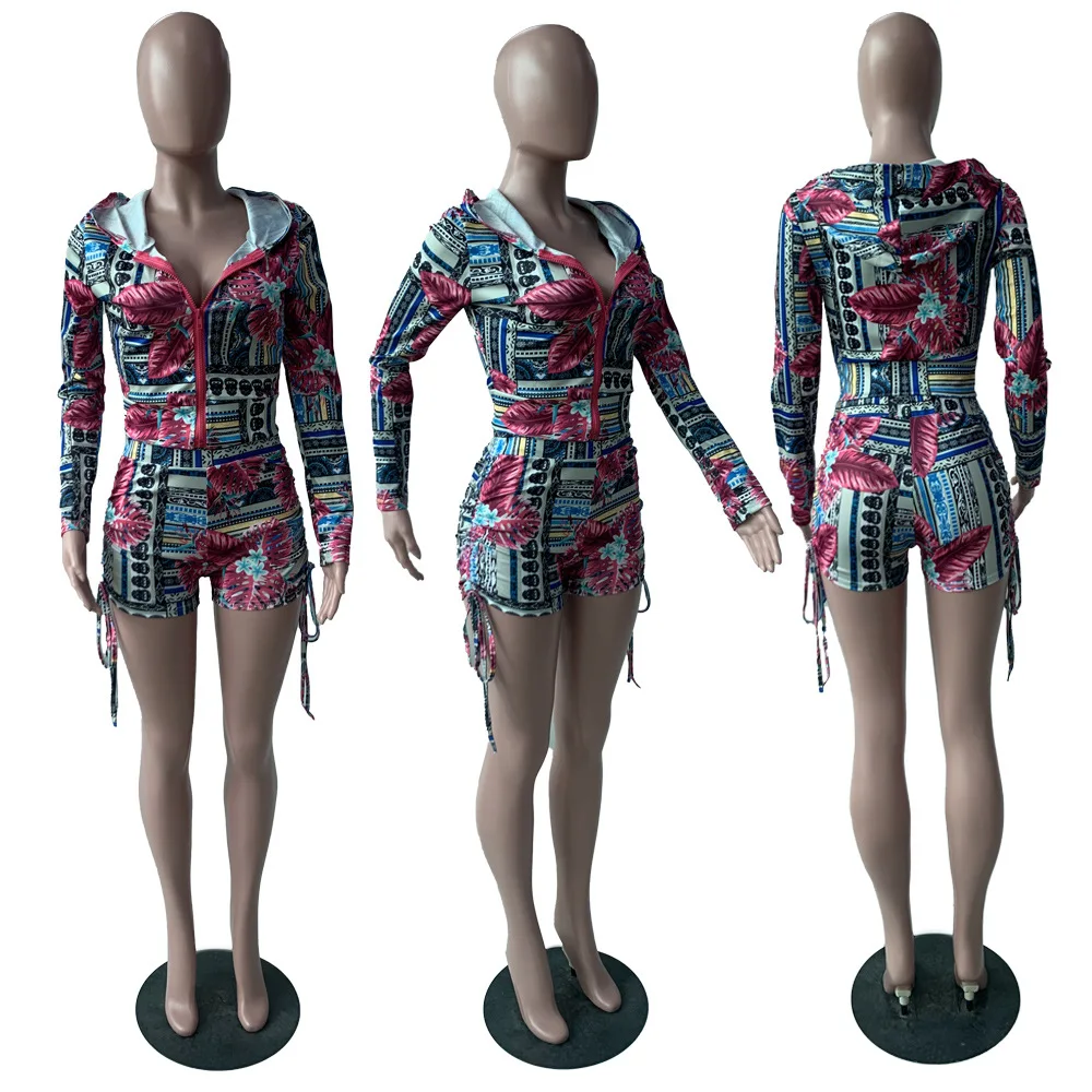 

Fashionable new casual women suit print hooded long sleeve zipper jacket features shorts drawstring sexy two-piece suit