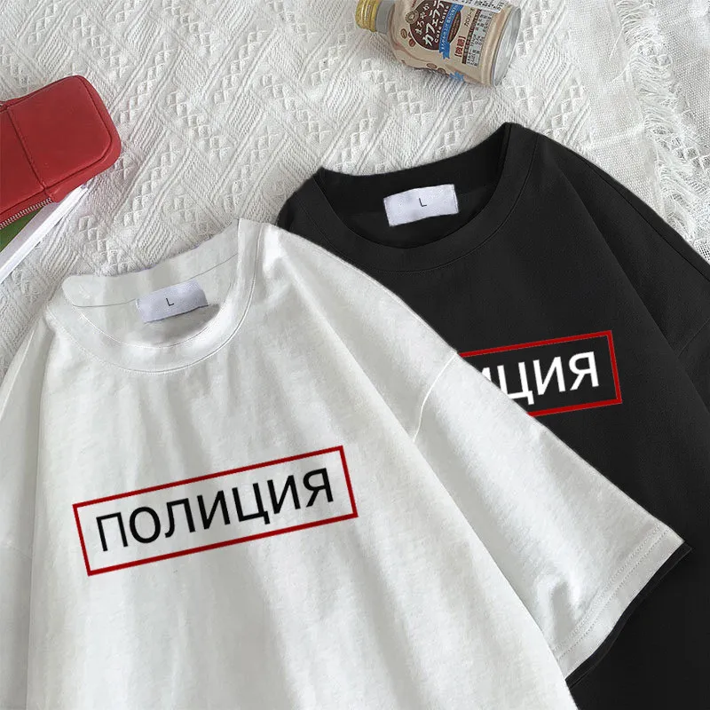 

THE POLICE letter Russian large size tees casual vintage punk Harajuku black female short-sleeved loose hip hop ins T-shirt 2021