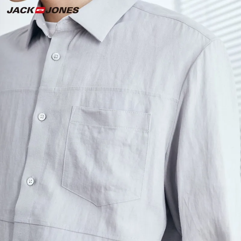 Мужская Базовая приталенная рубашка JackJones льняная Однотонная с рукавом 3/4 220131502 |
