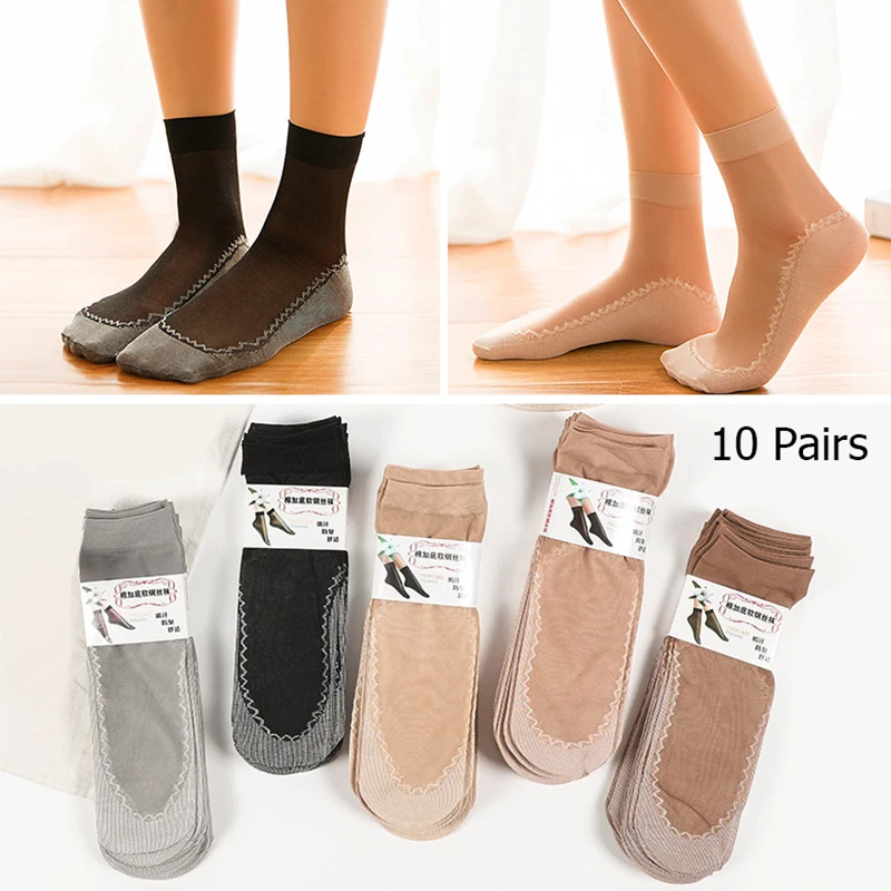

10 Pairs Women Anklet Socks Summer Crystal Silk Short Socks Soft Leisure Nonslip Breathable Absorbs Sweat Practical DurableSocks