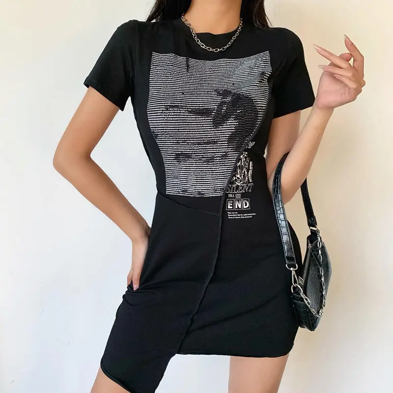 

Fashion Print Casual Dress Women's Short Sleeve Design Sense Versatile Round Neck Irregular Skirt