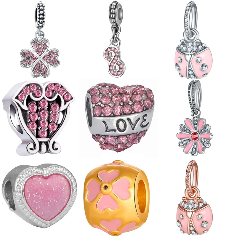 

Romantic Pink Love Heart Beads Fit Original Pandora Charms Bracelet Enamel Flower Beads for Women DIY Handmade Jewelry