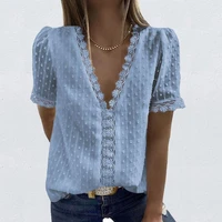 sexy v neck lace shirt blouse spring summer short sleeve ladies shirt casual women solid pullover tops blusa streetwear 3xl