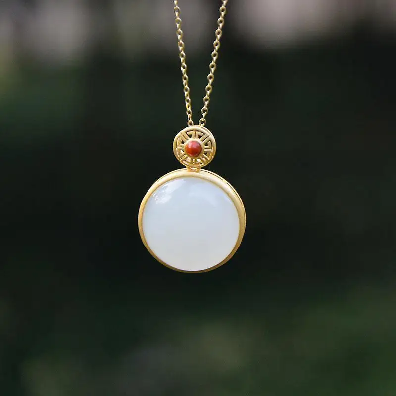 

Natural Hetian white jade pendant 18K gold and silver round birthday gift exquisite Necklace