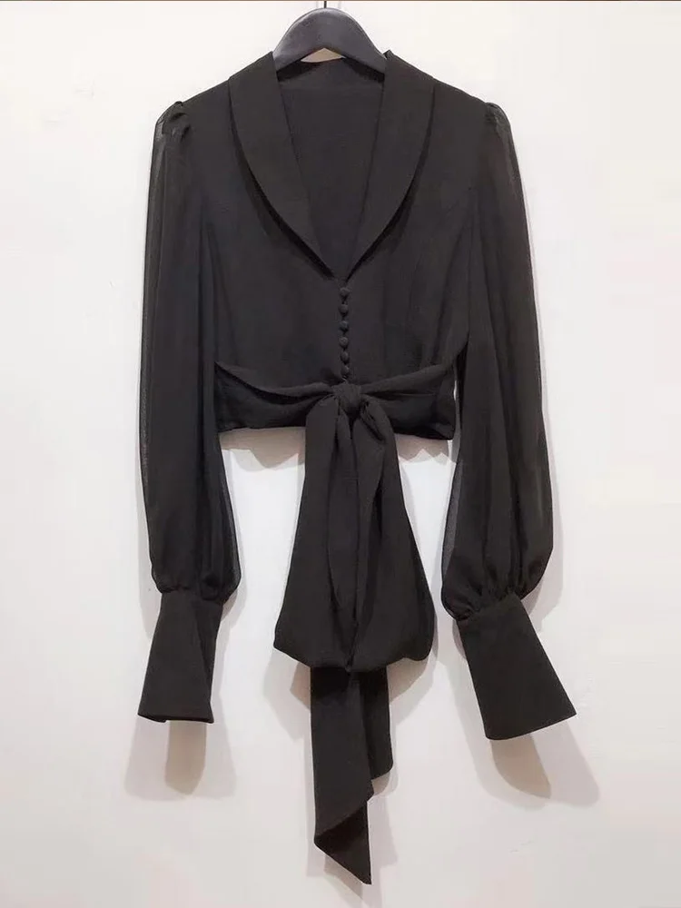 

Solid color V-neck single-breasted straps bow knot waist waist slim-fit short shirt ladies autumn new fashion all-match tops