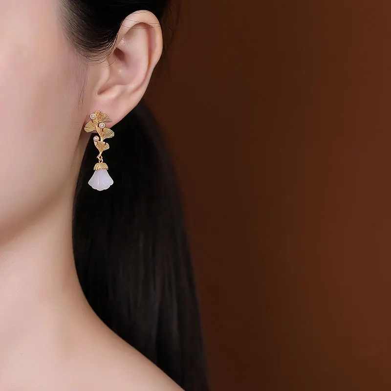 Женские серьги-подвески из серебра 925 пробы с натуральным нефритом | Украшения и