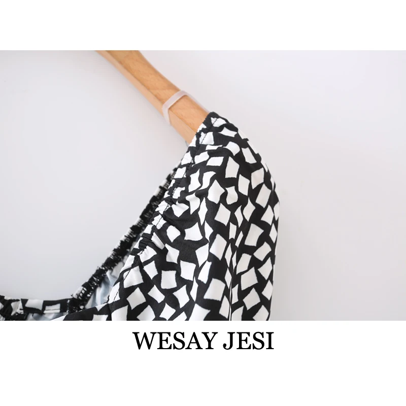 

WESAY JESI 2021 Summer Dress Fashion Retro Sweet Print Mini Skirt Elegant Temperament Short Sleeve Square Neck Puff Sleeve Dress