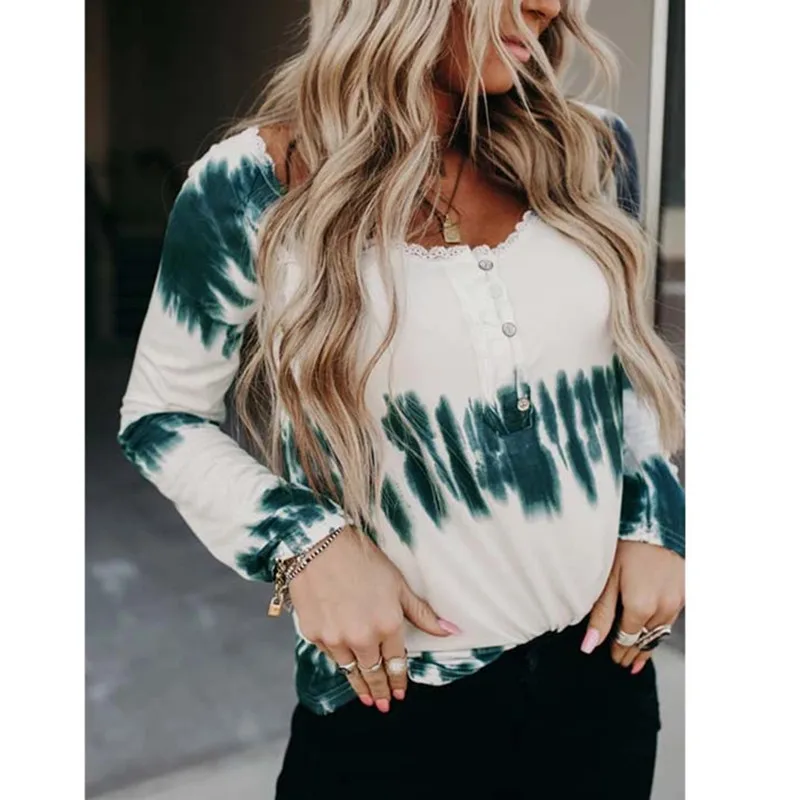 

Tie Dye Striped Woman Tshirts O Collar Long Sleeve Top Single Breasted Button Lace Trim T Shirt Casual Streetwear Plus Size 5XL