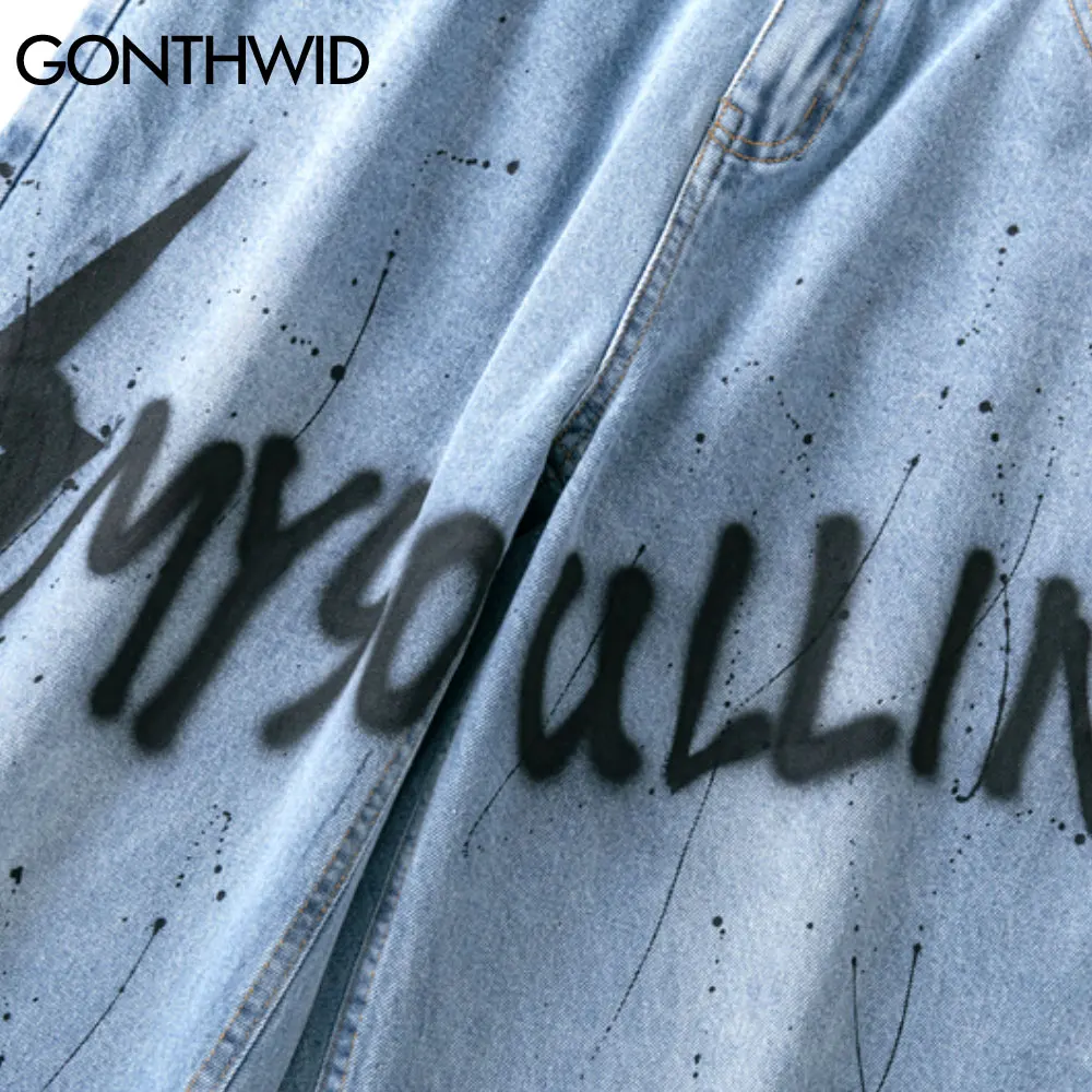 

GONTHWID Belt Denim Jeans Hip Hop Graffiti Ink Print Casual Loose Baggy Jean Pants Streetwear Men Harajuku Jean Trousers Bottoms
