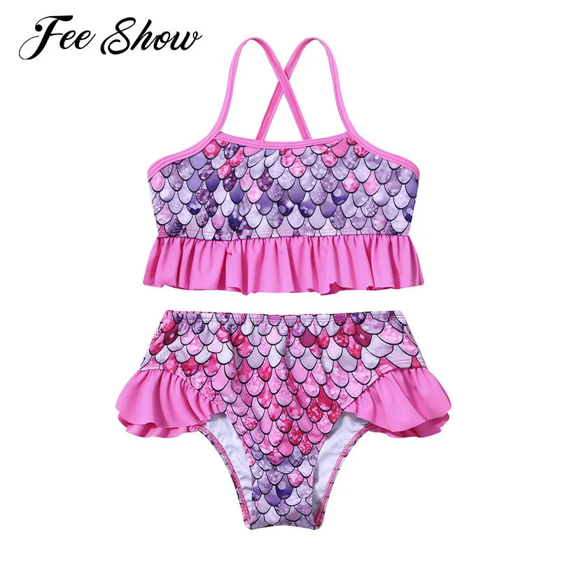 

2Pcs Kids Girls Mermaid Swimming Suits Swimwear Fish Scales Print Ruffle Trim Tops and Briefs Bikini Set Beachwear Bathing Suit