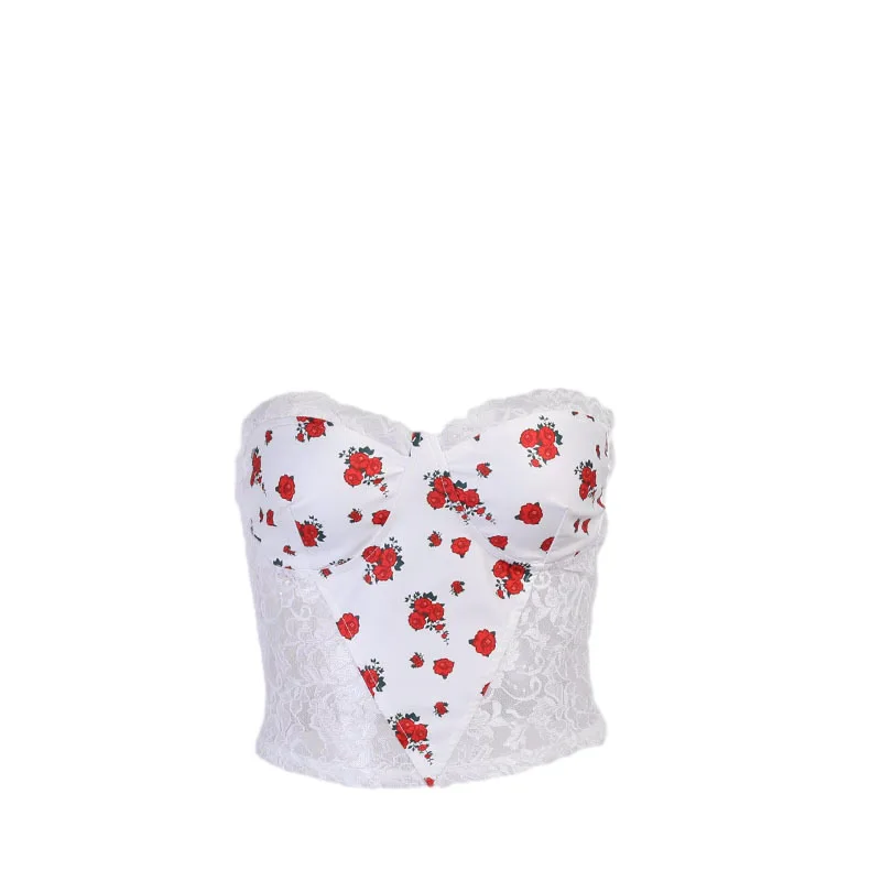 

2021 Europe and the United States cross-border new collection waist-smeared breasts summer rag lace stitched show chest top