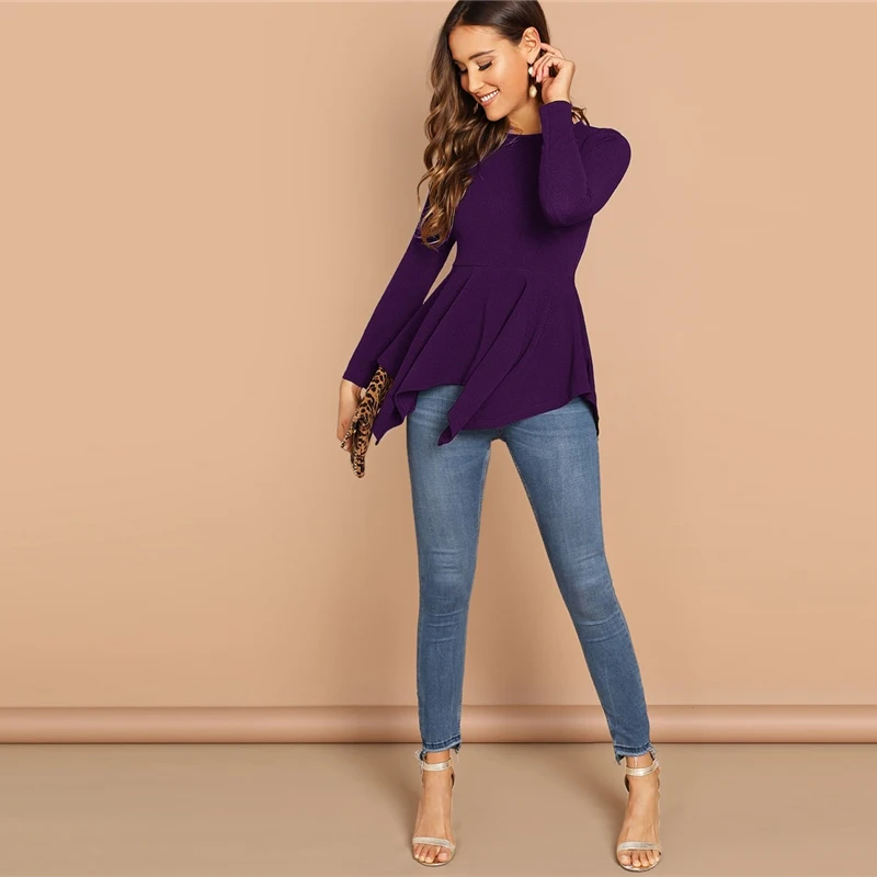 SHEIN Однотонный Топ С Асимметричным Низом И Молнией Женская Черная Классическая Блузка С Длинными Рукавами