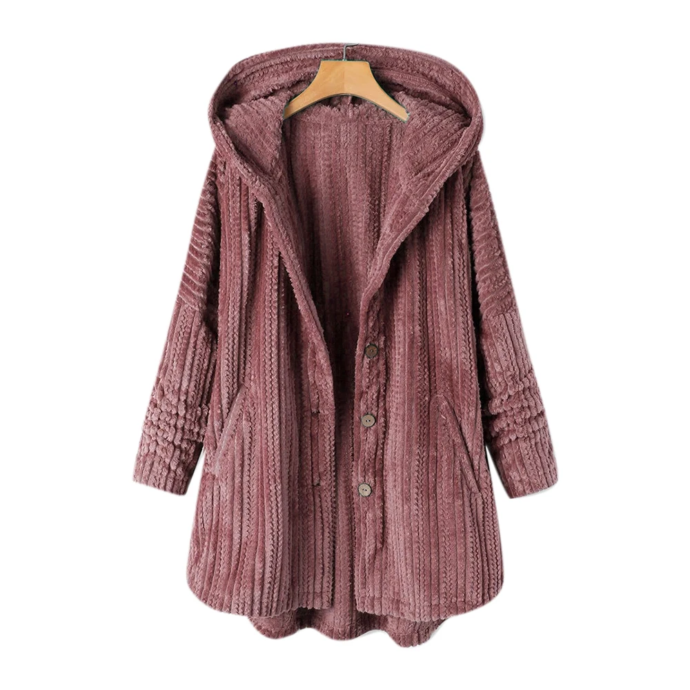 

Plus Size Women Fluffy Plush Coat Autumn Winter Warm Casual Jackets Solid Color Long Sleeve Single Breasted Hooded Long Coats