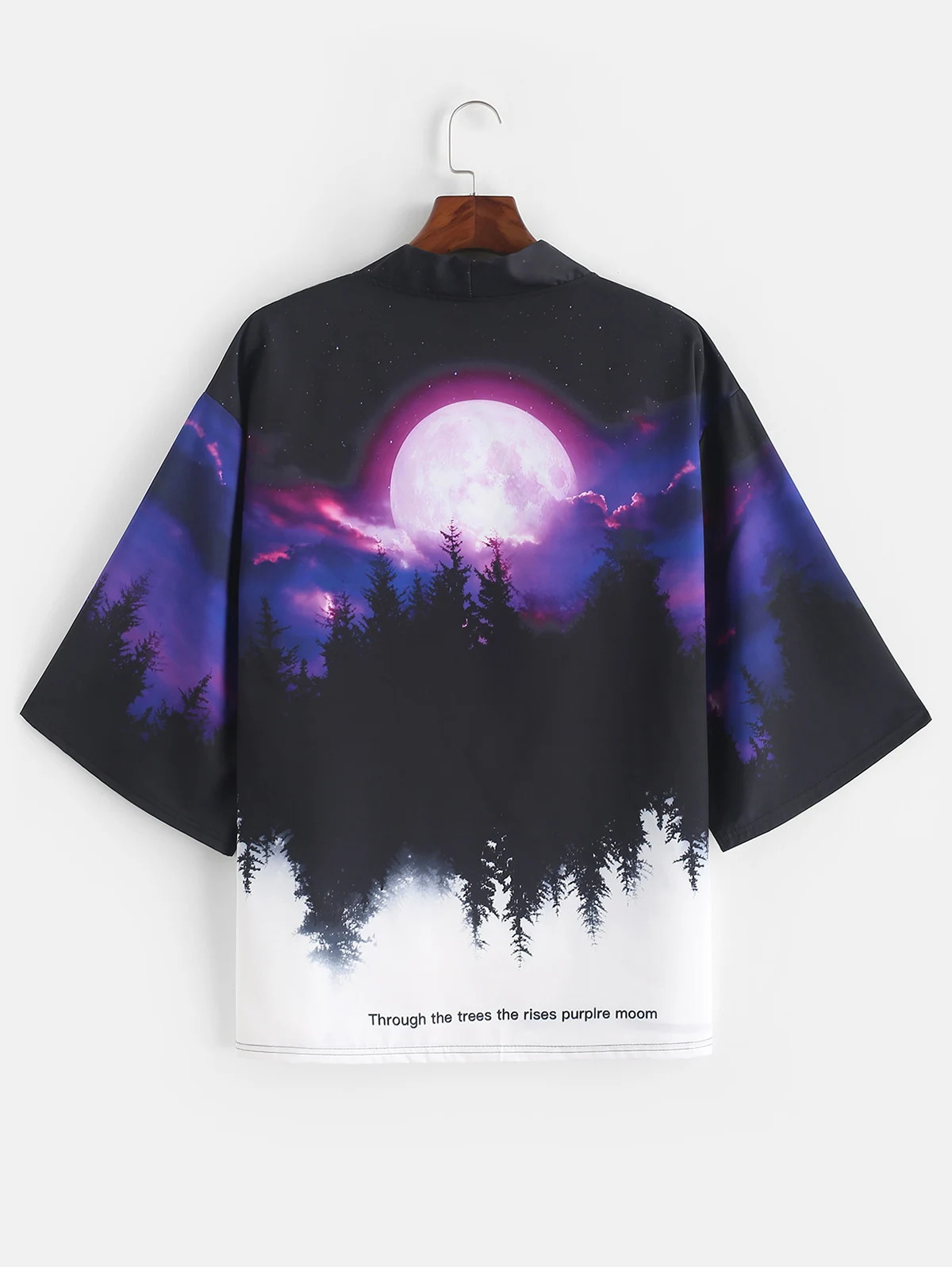 ZAFUL Rising Moon Through Tree Forest Print Casual Kimono Cardigan For Men Three Quarter Collarless Open Front Shirt | Мужская одежда