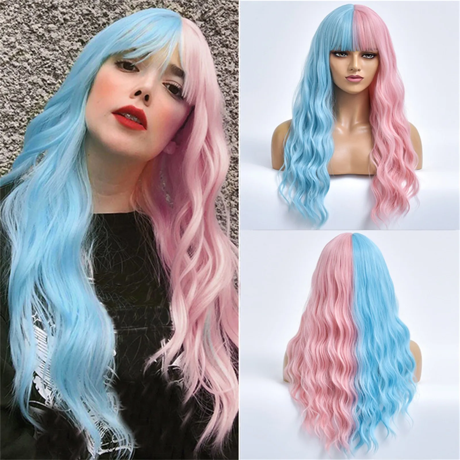 

New Pink Blue Cosplay Human Wigs Hair 70cm Synthetic Women Long Curly Wavy Wigs Sexy Lolita Hair Headcover Breathable Adjustable