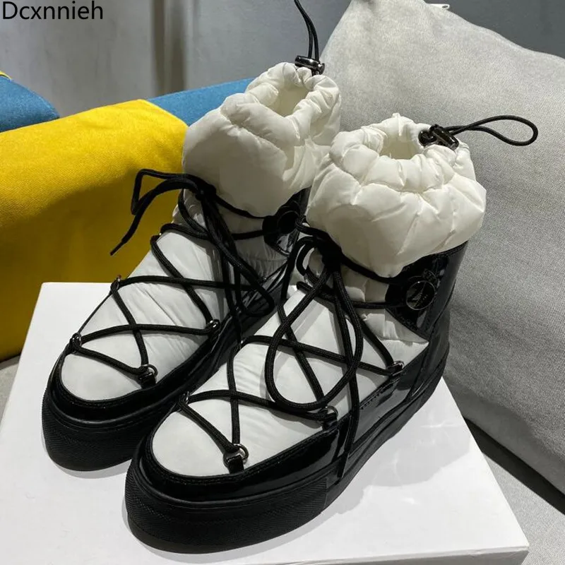 

Female Down Feather Warm Bootie Cross-tied Lace Up Black White Thick Sole Flat Platform Shoes Slip on Top Fashion Trendy Botan