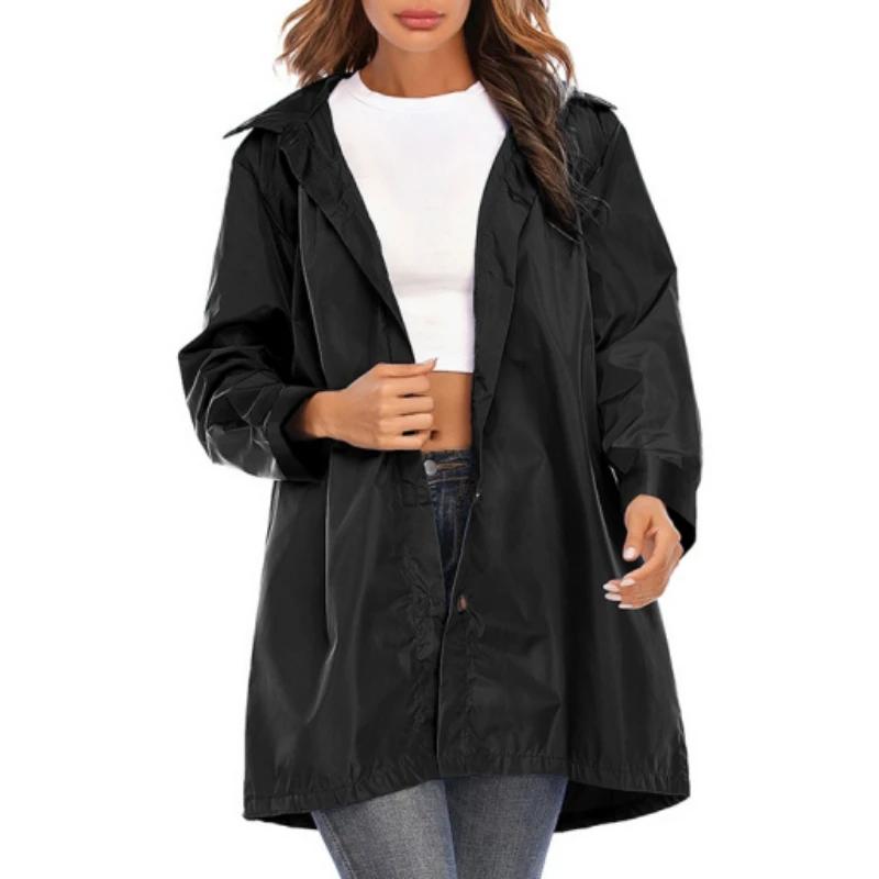 

ROPALIA Women Buttons Raincoat Hooded Jacket Casual Ladies Windproof Waterproof Coat Womens Outerwear
