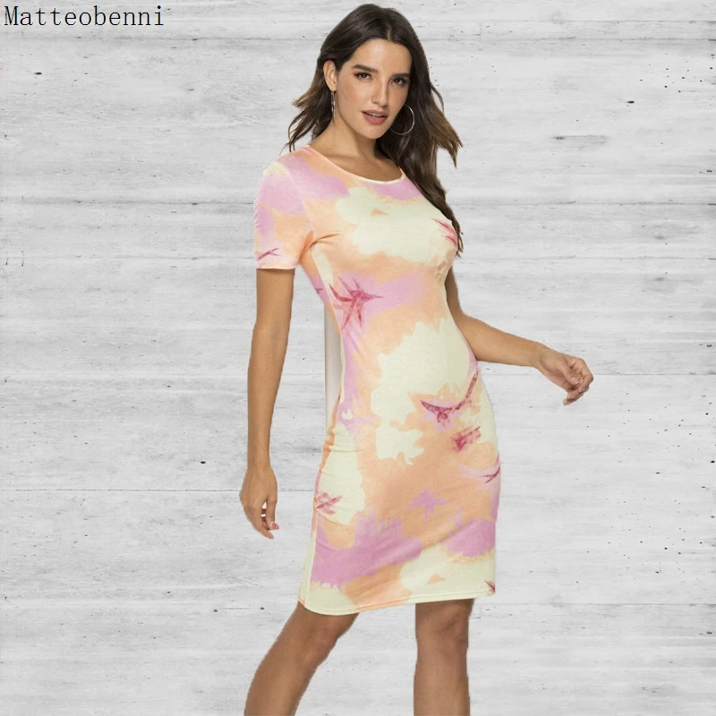 Сексуальные Платья с галстуком Tie-Dye женское летнее Мини-платье коротким рукавом