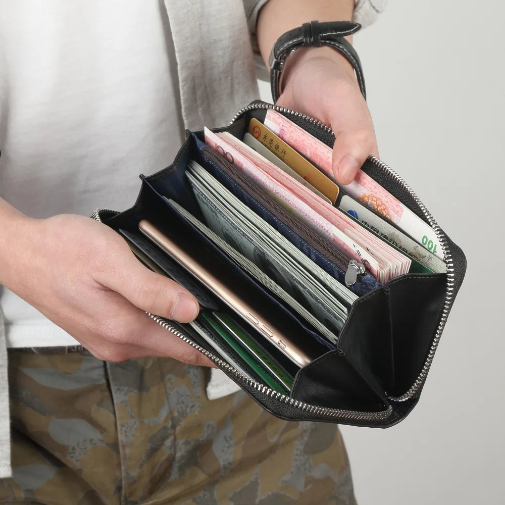 BISON DEINIM luxury brand men wallets genuine leather long zipper clutch wallet male card holder phone purse