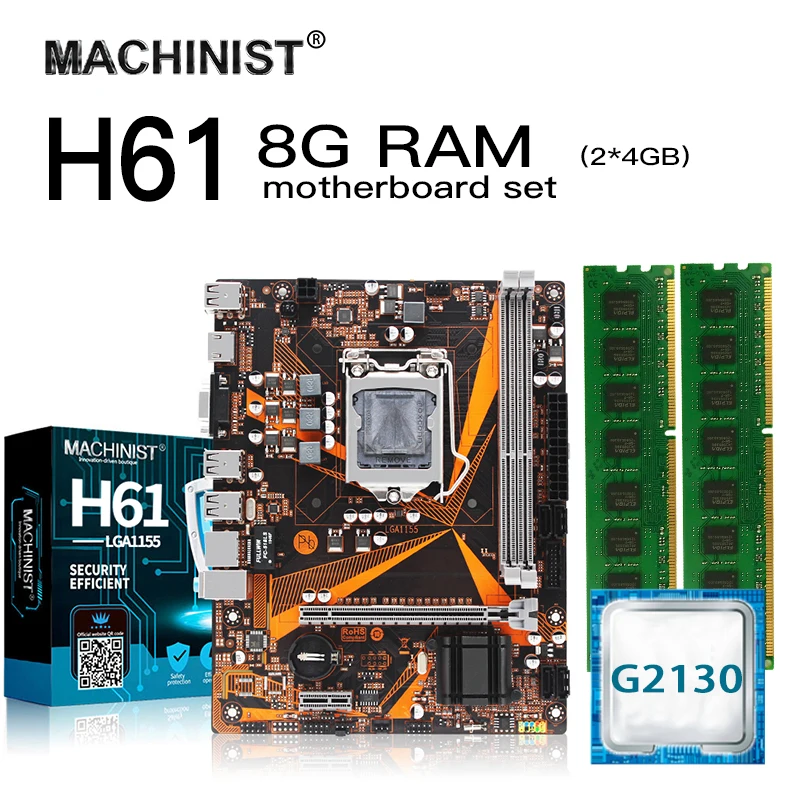 Комплект материнской платы H61 LGA 1155 с процессором Intel G2130 LGA1155 8 Гб (2*4 Гб) DDR3 ОЗУ