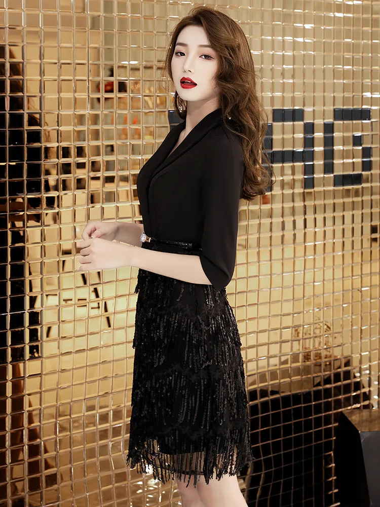 

Sexy One Shoulder Women Banquet Evening Dresses Slim Straight Dress Bead Tassel Wedding Party Guest Gown Satin Full Sleeve Skirt