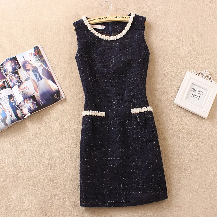 Navy blue Осенне-зимнее платье женское твидовое платье из смесовой шерсти без рукавов с отделкой бисером шерстяное платье-жилет тонкие элегантные офисные платья больших размеров - Цвет: Navy blue