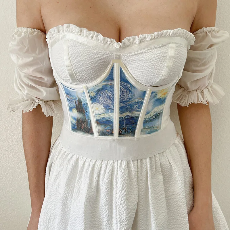 

Summer Waist Oil Painting Waist Seal Corset Slim Sexy Crop Top Women Short Bandage Corset Top With Fishbone