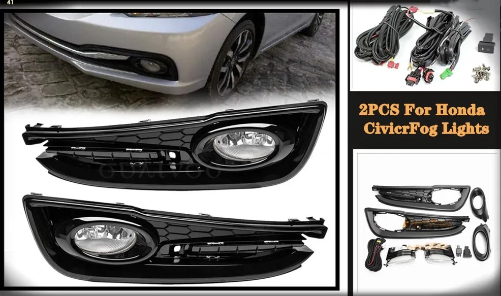 2PCS For 2013 2014 2015 Honda-Civic-4Dr Sedan Bumper Fog Lights Lamps  Accessories w/Switch Left+Right Clear Lens