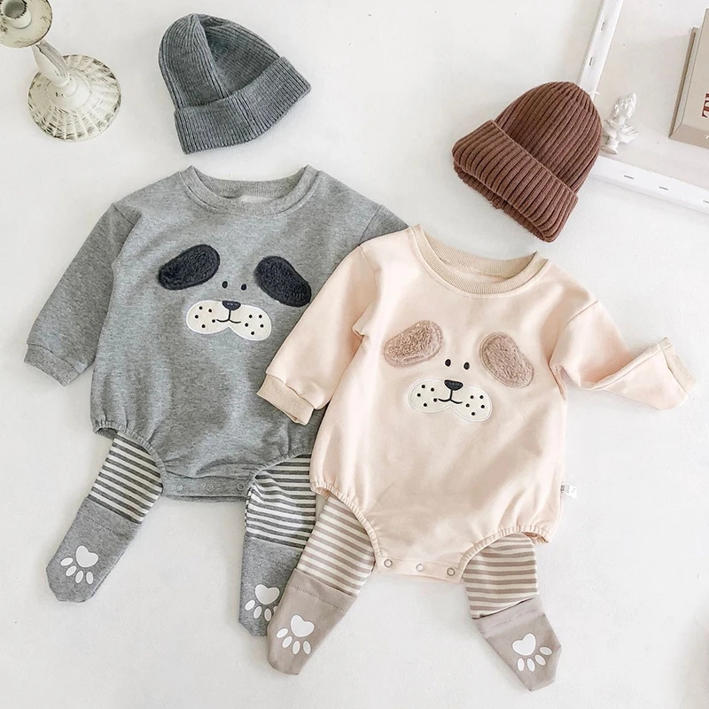 

Autumn Dog Printing Baby Clothes Baby Girls Bodysuits Thick Cotton Loop Round neck Infant Cotton Girls Jumpsuit With Headband