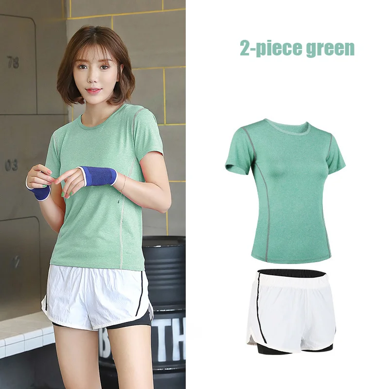 2-piece green 2 5 шт. Набор для йоги для женщин одежда Бюстгальтер Спортивный Бег Фитнес Женская футболка одежда для фитнеса тренировочный спортивный костюм набор - Цвет: 2-piece green 2