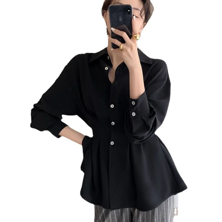 

Spring Korean Loose T Shirt 2021 Women Chiffon Long Sleeve Blouses Office Lady Solid Turn-down Collar Plus Size Button Shirts