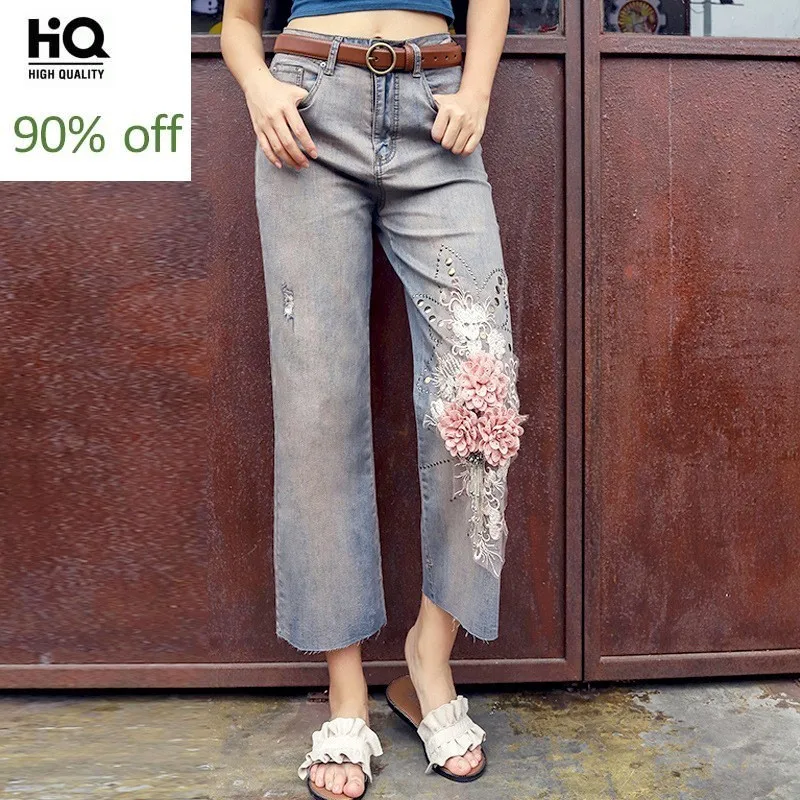 Женские летние новые тонкие винтажные рваные с аппликацией свободные прямые