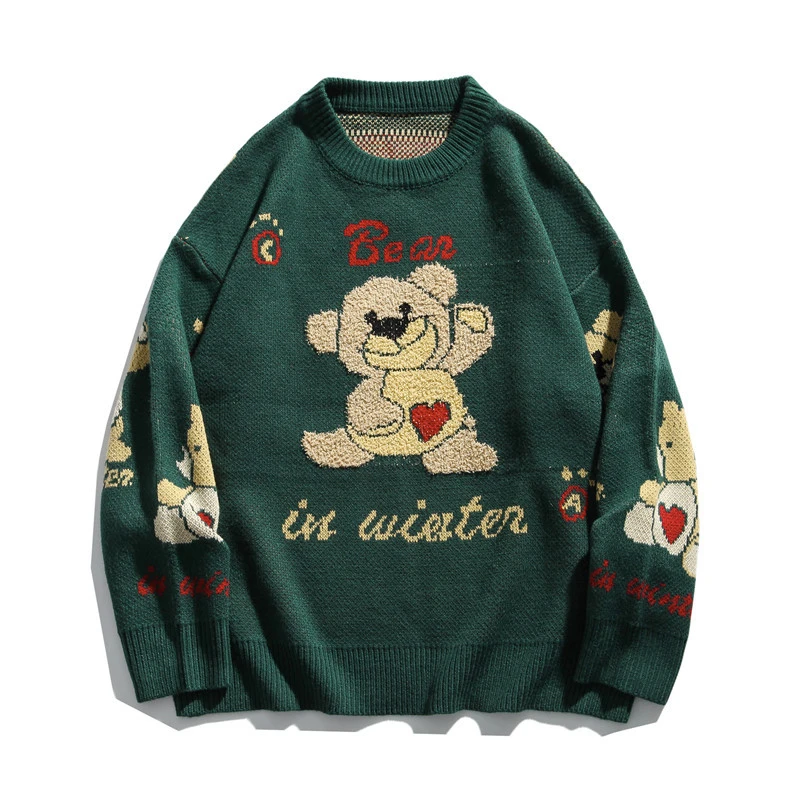 Japanese Harajuku Cute Knitted Heart Bear Sweater for Women and Men Oversized Kawaii Graphic Cartoon Pullover Jumper | Женская одежда