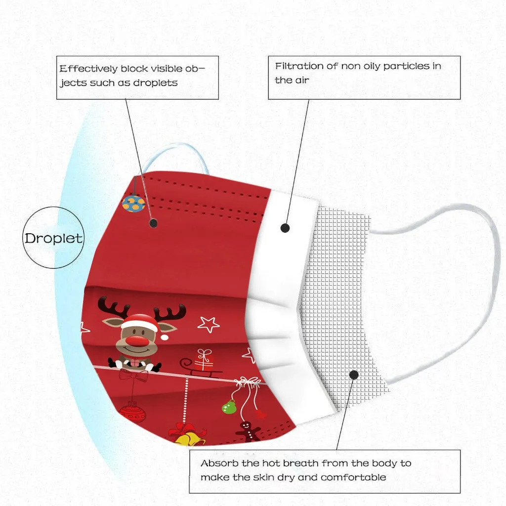Детские Рождественские трехслойные нетканые уличные защитные дышащие маски с
