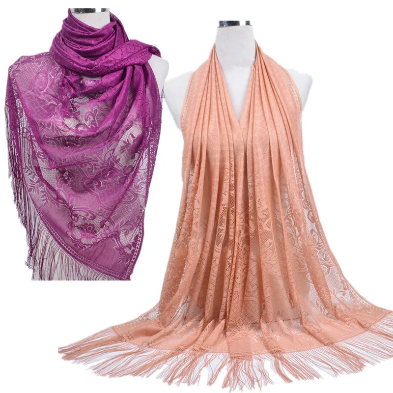 Кружевной однотонный мусульманский хиджаб Летний Тонкий тюрбан с кисточками для