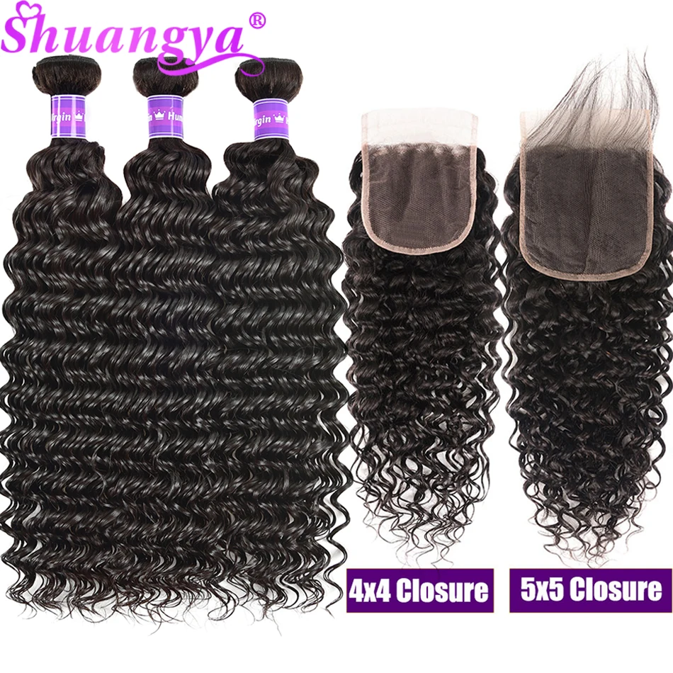 13x4 Lace Frontal with Bundles Peruvian Deep Wave 4X4 Closure With Curly Hair 5X5 HD CLosure | Шиньоны и парики