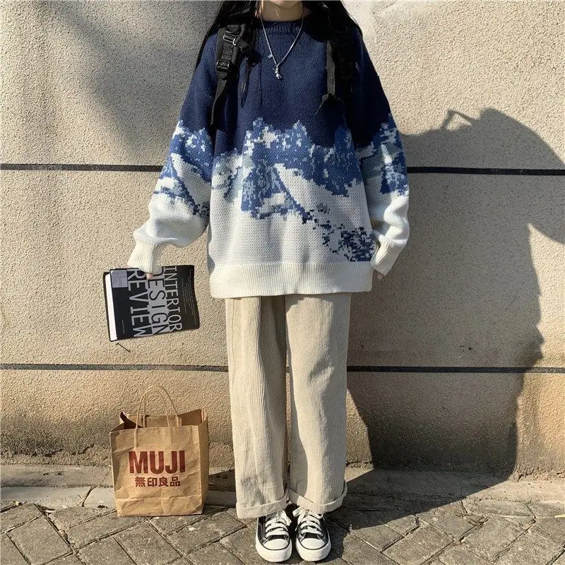 

Winter warm academic style round neck pullover jacquard pattern color sweater female students Korean loose knitwear coat tide