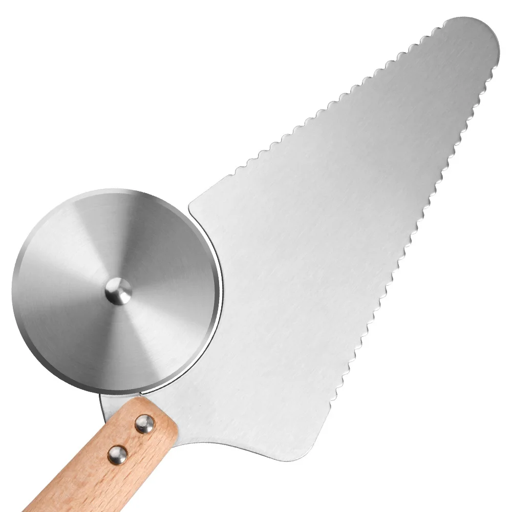 

Pizza Wooden Handle Pizza Cutter Cake Shovel Stainless Steel Pizza Shovel Triangular Shovel with Teeth Integrated Cake Knife