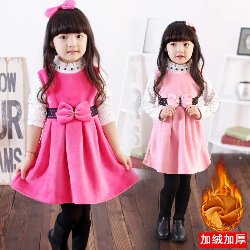 Платья для девочек зимняя одежда малышей детская из плотного бархата теплое